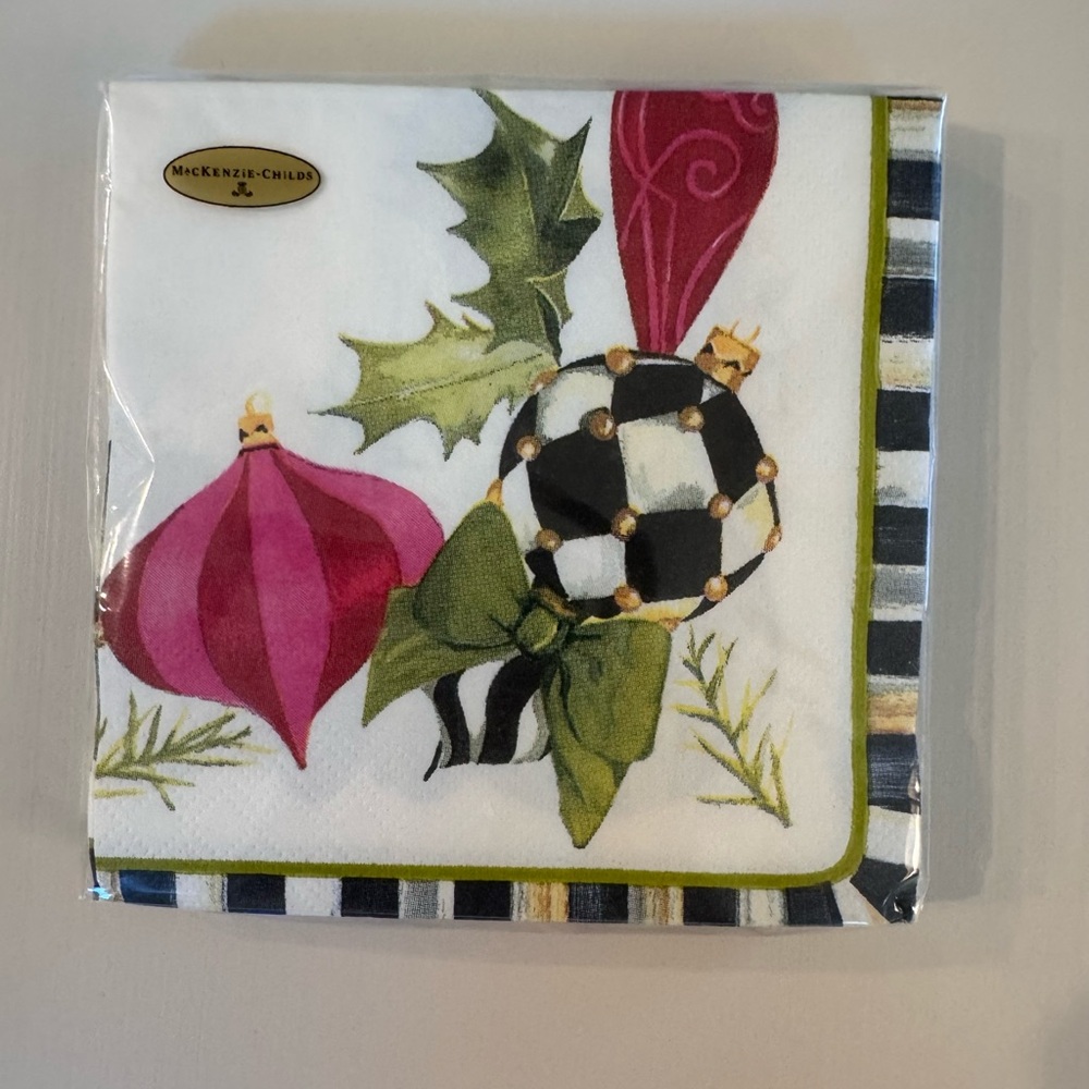 MacKenzie-Childs “Deck the Halls” Festive Napkin - Pink, Green, Black, White